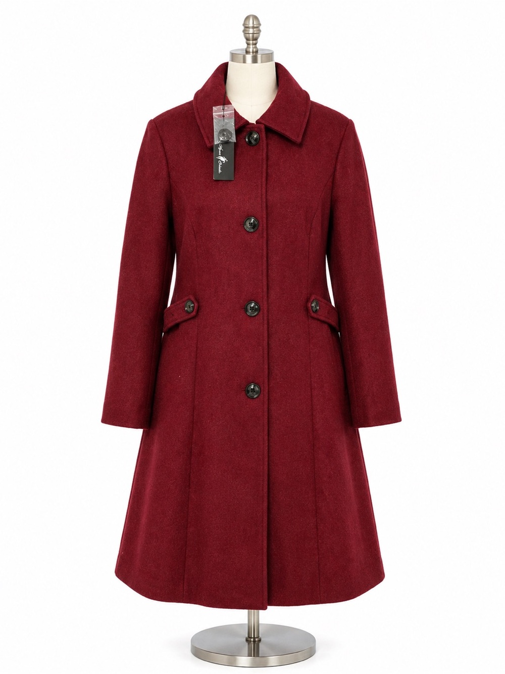 Classic Burgundy Wool-Blend Pea Coat with Flared Silhouette